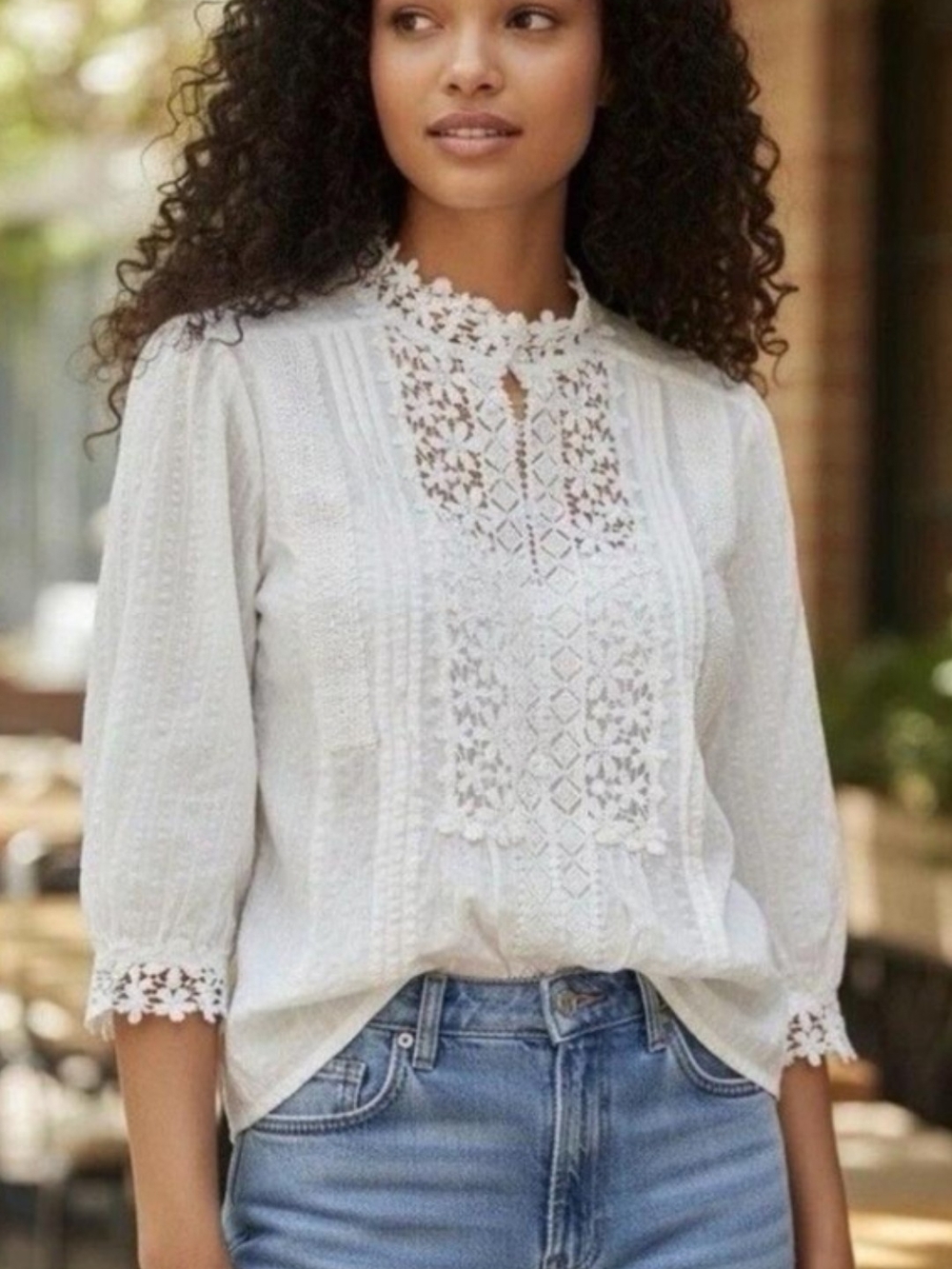 POL Large EUC White Lace-Detail Cotton Blouse - Women 23 PTP